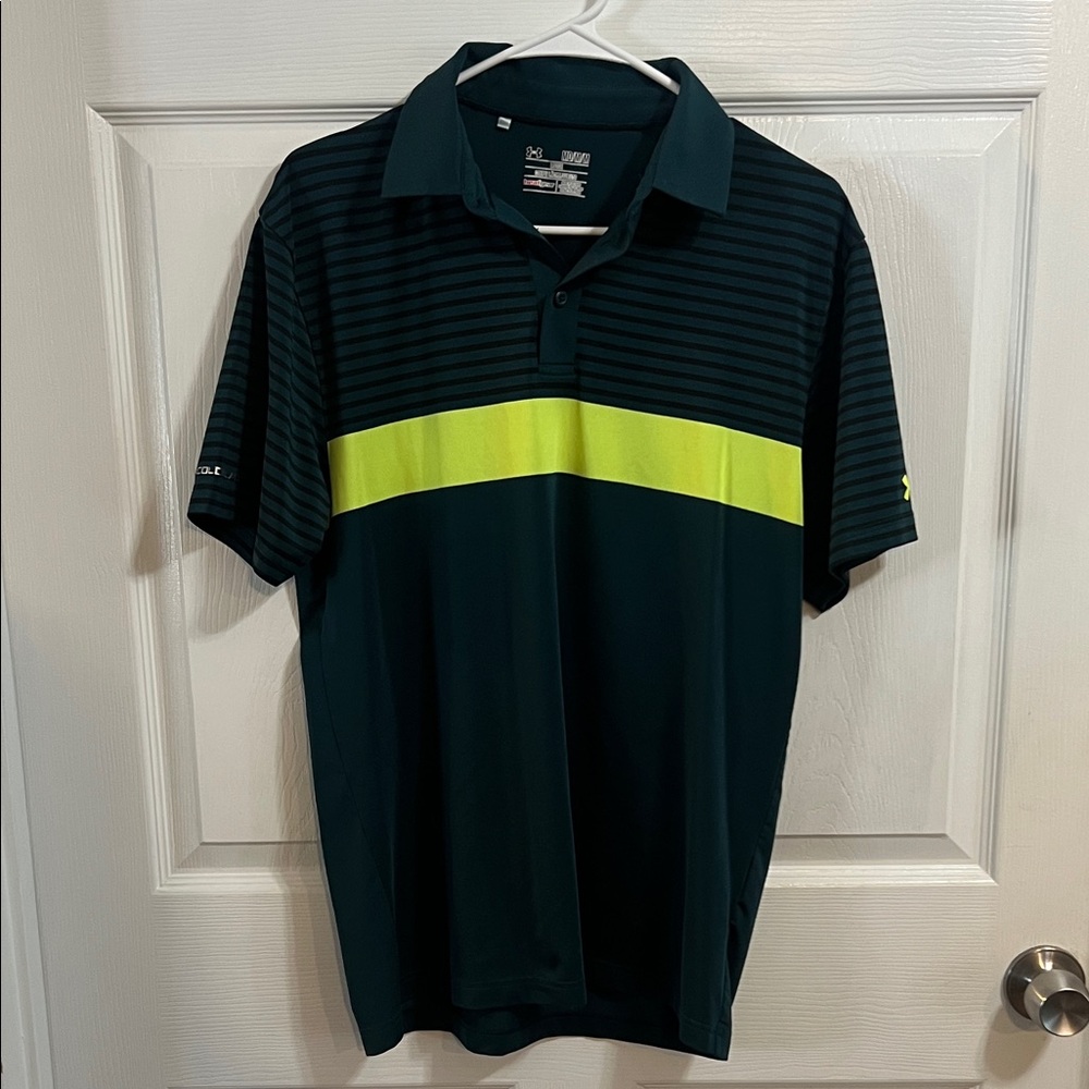 Men's UA Coldblack/ heat gear Black and green Striped Polo Shirt